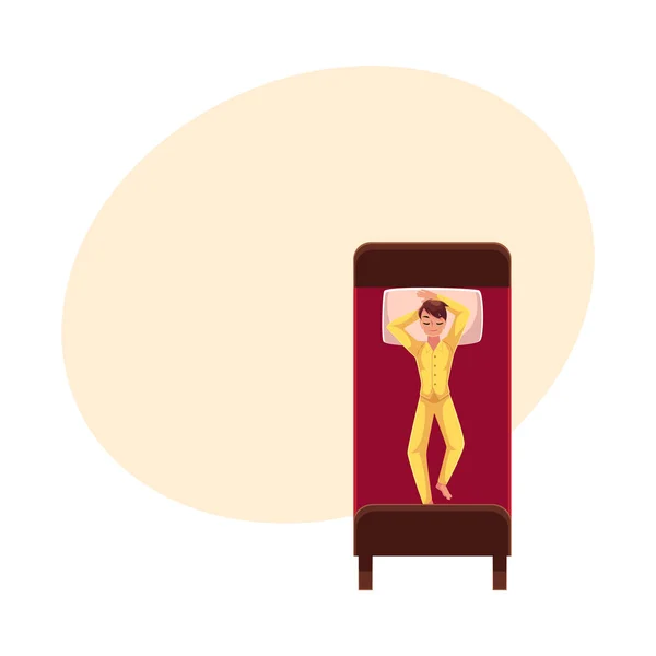 Mann schläft im Bett, trägt Schlafanzug, liegt auf dem Rücken — Stockvektor