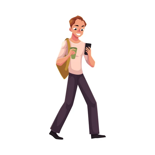 Homem com mochila usando smartphone, celular em movimento —  Vetores de Stock
