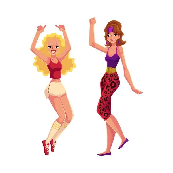 Девушки, женщины в стиле 80-х, аэробика, спортивные танцы — стоковый вектор