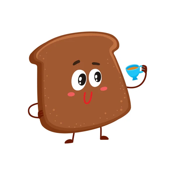 Смешной улыбающийся темный, коричневый кусок хлеба персонаж пьет чай — стоковый вектор