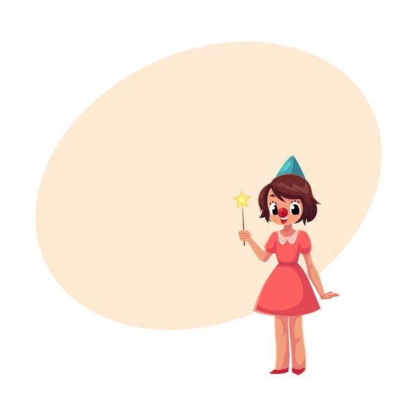 Chica celebrando cumpleaños, sosteniendo el palo de la estrella, usando la nariz roja payaso — Vector de stock