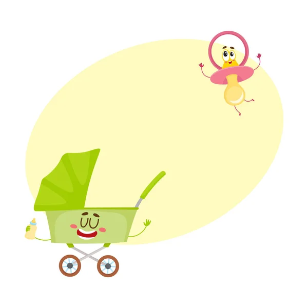 Lustige Kinderwagen, Buggy und Schnuller, Schnullerfigur, neugeborenes Zubehör — Stockvektor