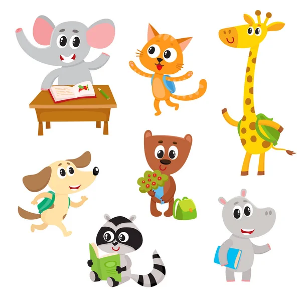 Cute little animal students, characters studying, reading, going to school — Stock Vector