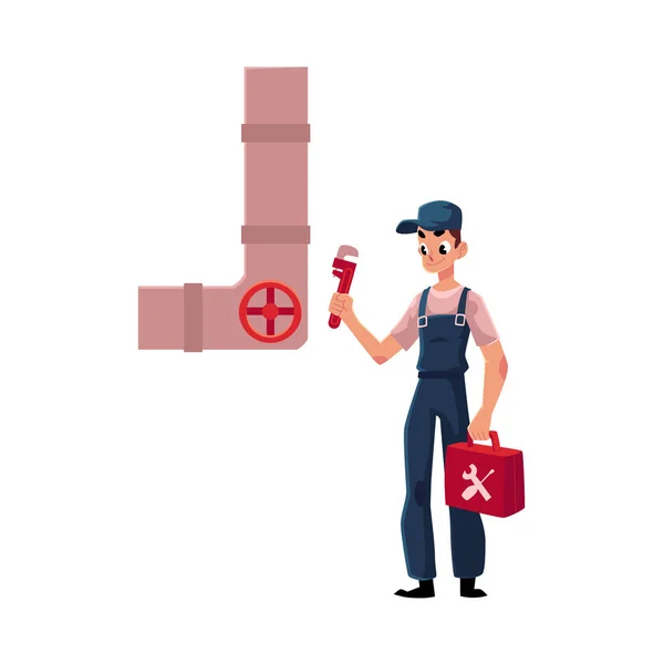 Vízvezeték szakember csavarkulcs, a toolbox, a kész holding csatornacső javítás — Stock Vector