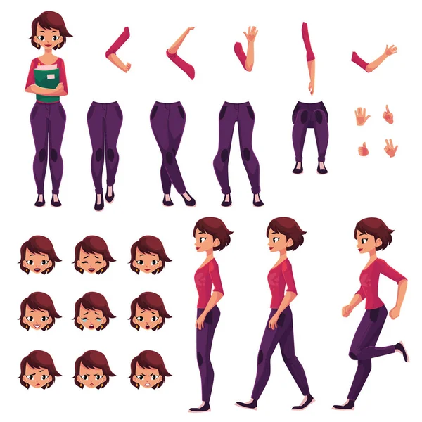 Estudiante, conjunto de creación de personajes de mujer joven, diferentes poses, gestos, rostros — Vector de stock