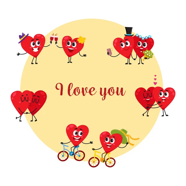 Je t'aime, carte de vœux avec des couples de personnages de coeur — Image vectorielle