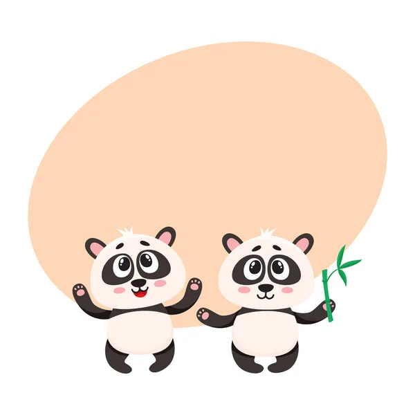 Two cute happy baby panda characters with paws raised up — Stock Vector