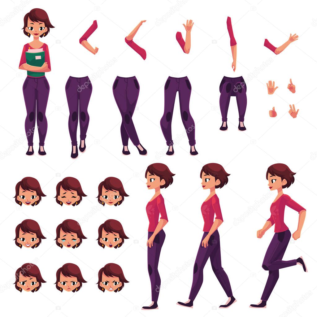Student, young woman character creation set, different poses, gestures, faces