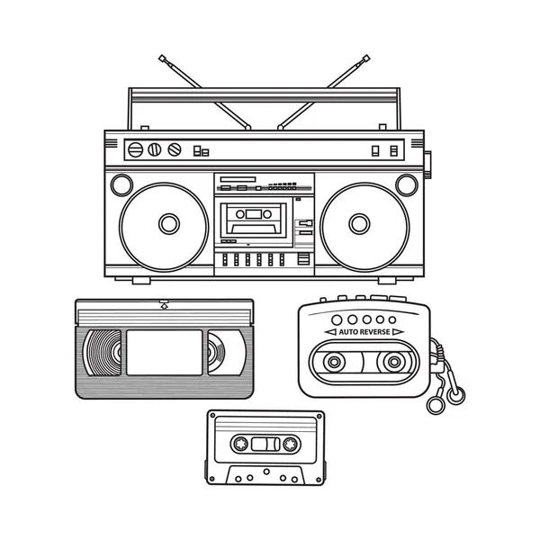 Retro cassette de audio, grabadora, reproductor de música, cinta de vídeo de los años 90 — Archivo Imágenes Vectoriales