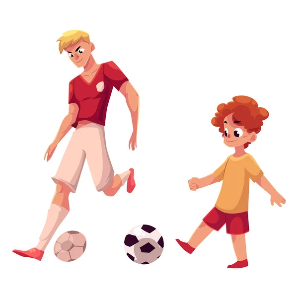 Menino e jogador de futebol adulto jogando futebol, escolha da profissão — Vetor de Stock