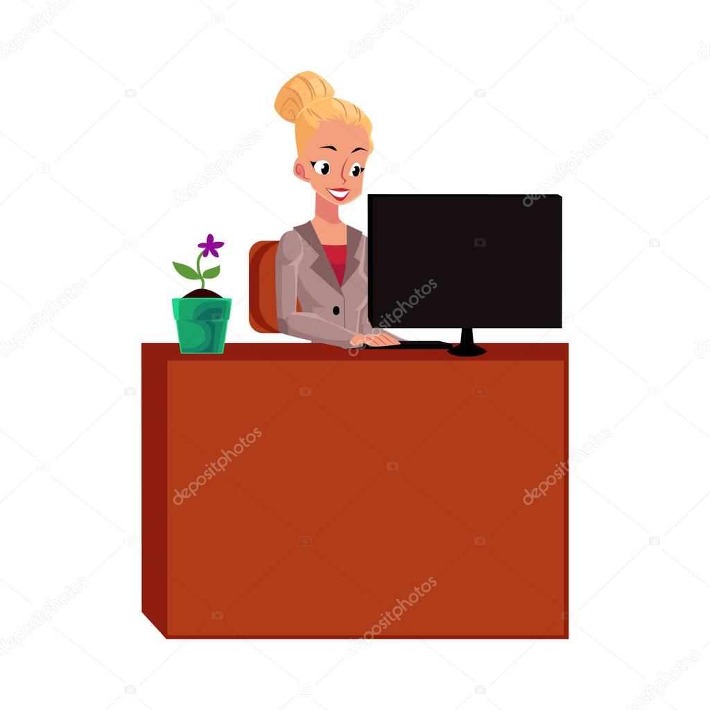 Young pretty businesswoman, secretary, working on computer at office table