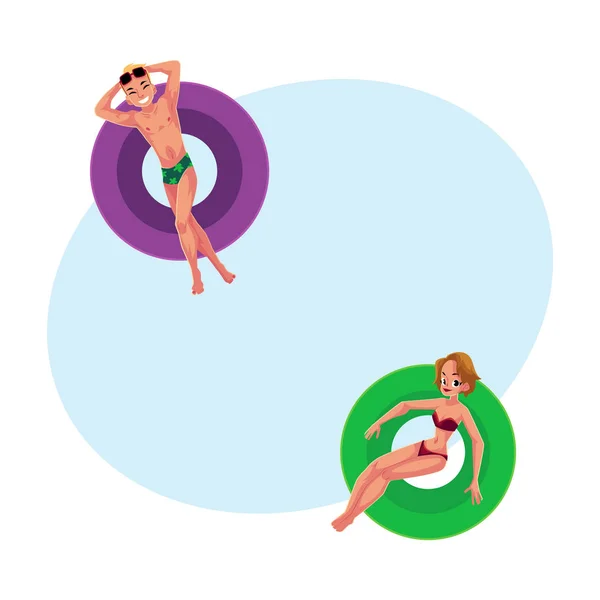 Young man, boy and woman, girl floating on inflatable rings — Stock Vector