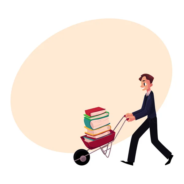 Jovem, homem de negócios, estudante, bibliotecário empurrando carrinho de mão com pilha de livro — Vetor de Stock