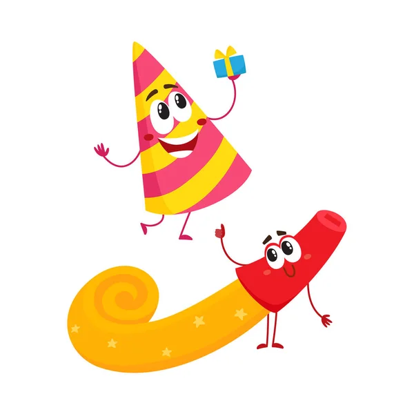 생일 파티 문자-spriped 모자와 경적, 송풍기, 소음 공해 미소 — 스톡 벡터