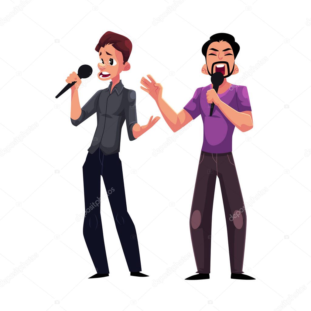 Two men, guys singing in duet, karaoke party, contest, competition