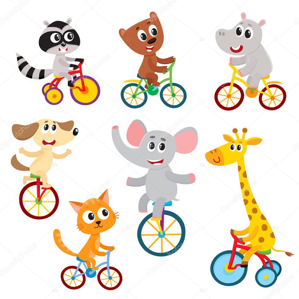 Cute little animal characters riding unicycle, bicycle, tricycle, cycling