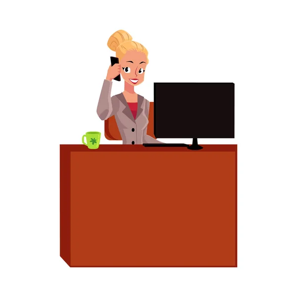 Genç sarışın işkadını Ofis Masası arama, Sekreter yanıtlayan telefon, — Stok Vektör
