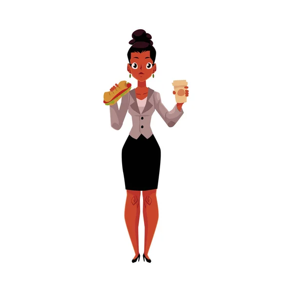 Μαύρο, αφρικανικά επιχειρηματίας τρώει σάντουιτς για μεσημεριανό γεύμα, εκμετάλλευση φλιτζάνι καφέ — Διανυσματικό Αρχείο