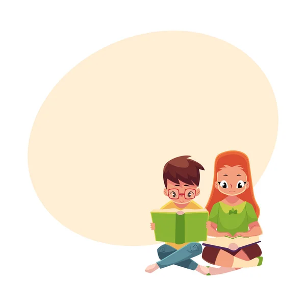 Niños, chico de gafas, pelirroja, leyendo libros sentados — Vector de stock