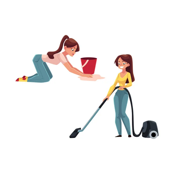 Jolie jeune femme, femme au foyer lavant et aspirant sa maison — Image vectorielle
