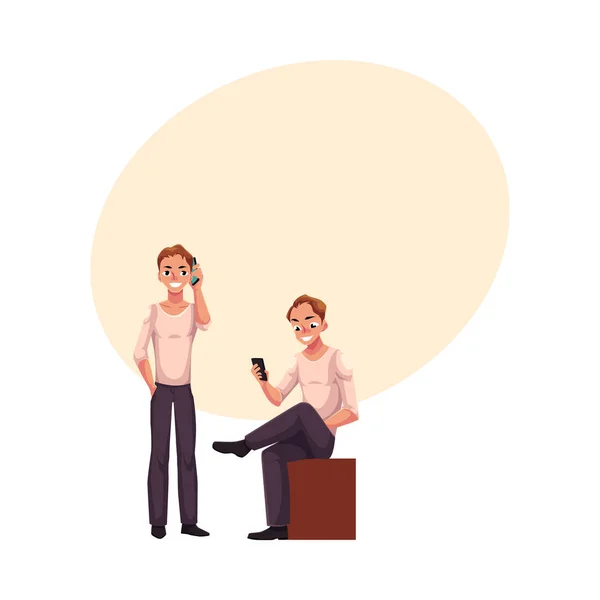 Hareket eden duran, smartphone kullanarak, oturma mesajlaşma telefonla konuşan adam — Stok Vektör