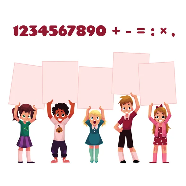 Niños, niños sosteniendo tablas vacías para la presentación matemática, aritmética del ejercicio — Vector de stock