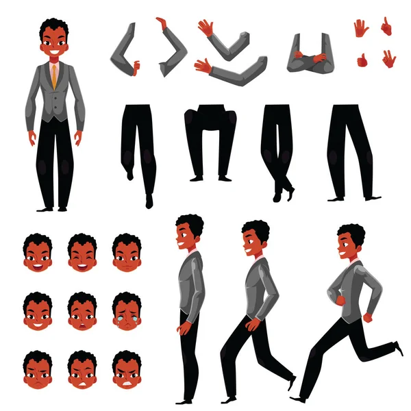 Nero, set creazione personaggio uomo afroamericano, gesti diversi, emozioni — Vettoriale Stock