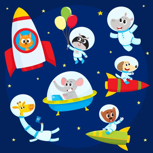 Cute zwierząt astronautów, spacemen pływające w rakiety, skafandrów kosmicznych, ufo — Wektor stockowy