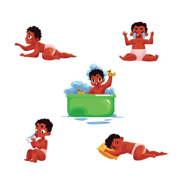Negro, niño bebé afroamericano, actividades de rutina diaria infantil — Vector de stock