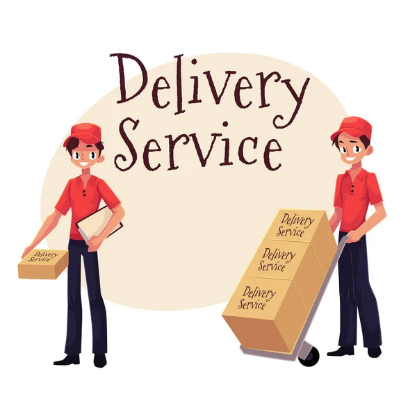 Mensajero, servicio de entrega trabajador sosteniendo paquete, empujando dolly con cajas — Vector de stock