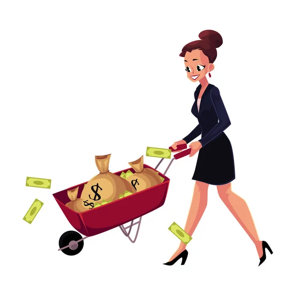 Happy woman, girl, businesswoman pushing wheelbarrow full of money bags — Stock Vector