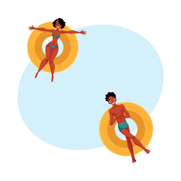 Black, African young man and woman floating on inflatable rings — Stock Vector