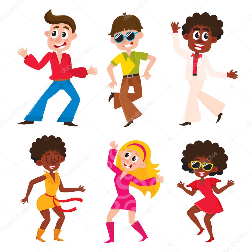 Set of cartoon style retro disco dancers, black and Caucasian