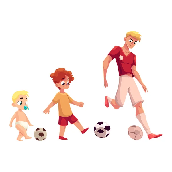 Baby, kind en volwassene voetballer voetballen, sport voor alle leeftijden — Stockvector