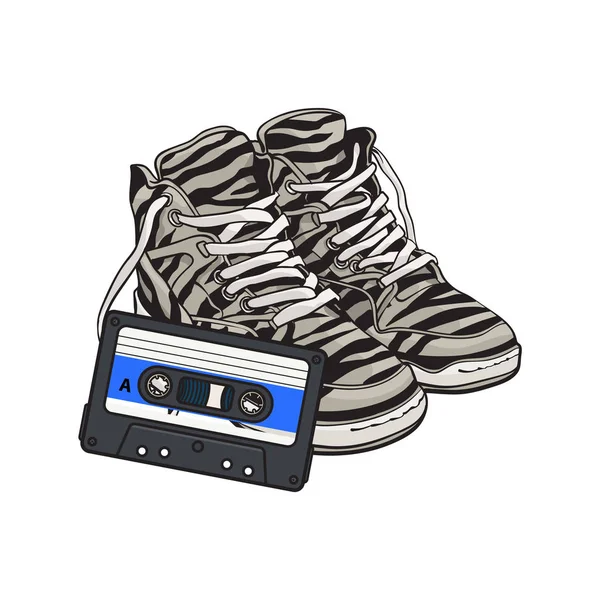 复古风格迪斯科属性-斑马运动鞋和音频磁带 — 图库矢量图片