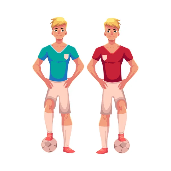 Guapo jugador de fútbol rubio en uniforme de pie con pelota de fútbol — Vector de stock