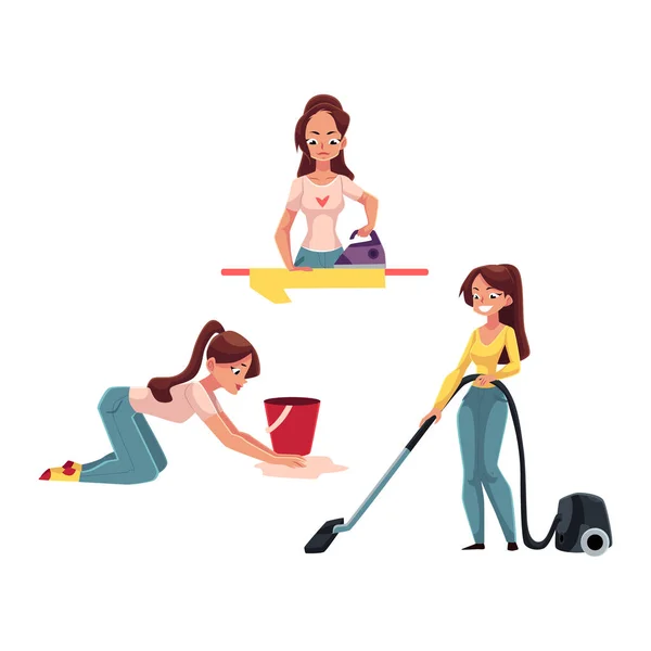 Женщина, домохозяйка, выполняющая домашнюю работу - глажка, мытье полов, пылесос — стоковый вектор