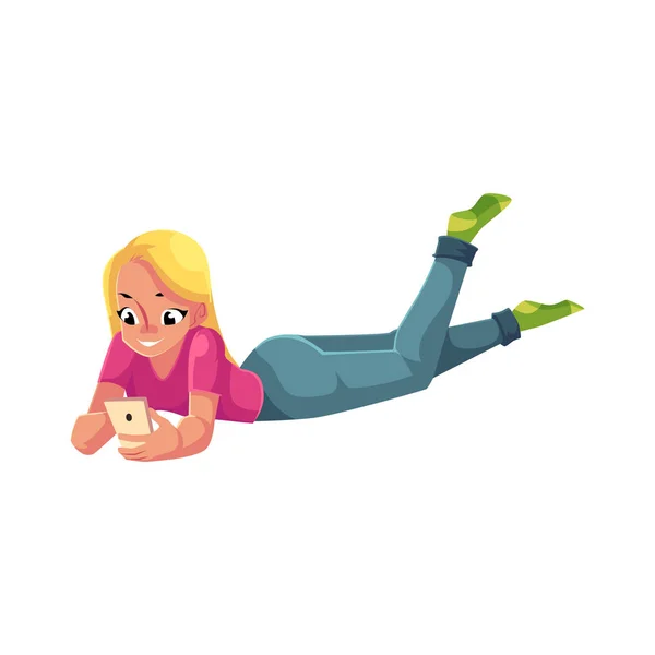 Jeune femme jouant avec smartphone, téléphone portable, couché sur le ventre — Image vectorielle
