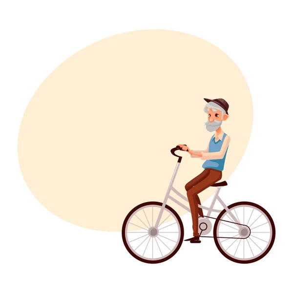 Старик в жилете и шляпе на велосипеде, на велосипеде — стоковый вектор