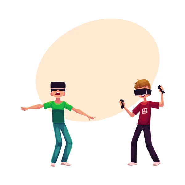 Dva chlapci sluchátky virtuální realita, simulátory, hrát spolu — Stockový vektor