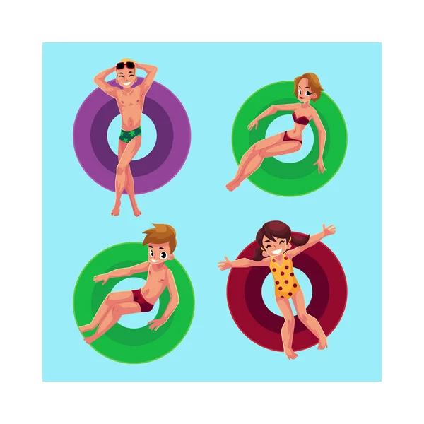 Personnes flottant sur des anneaux gonflables dans la piscine, profitant de l'été — Image vectorielle