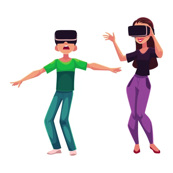 男孩和女孩穿着虚拟现实的耳机，模拟器，一起玩 — 图库矢量图片