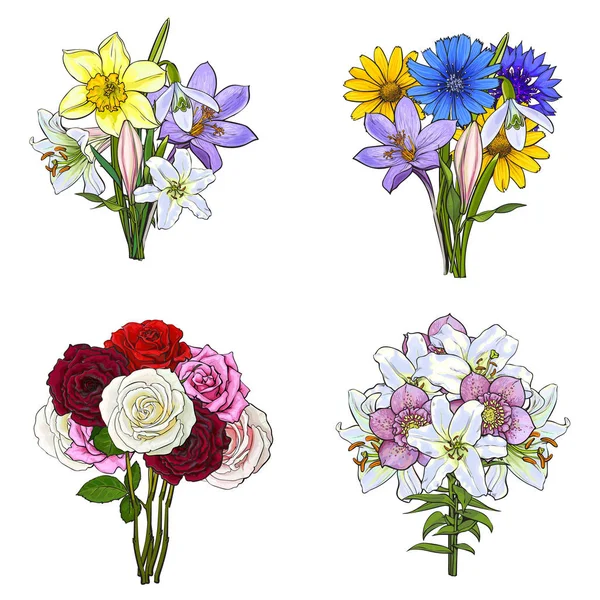 Bouquets, grappes de fleurs sauvages dessinées à la main et de jardin — Image vectorielle