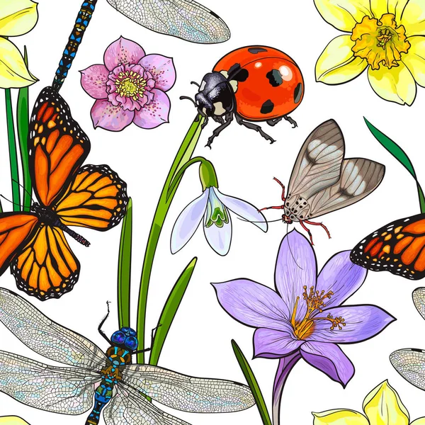 Modèle sans couture d'insectes et de fleurs d'été, illustration vectorielle de croquis — Image vectorielle