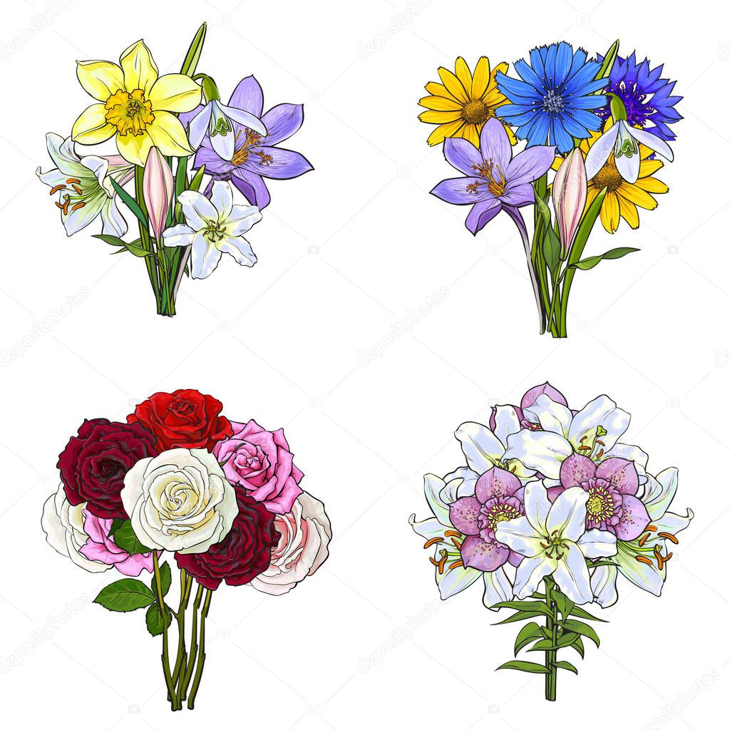 Bouquets, bunches of hand drawn wild and garden flowers