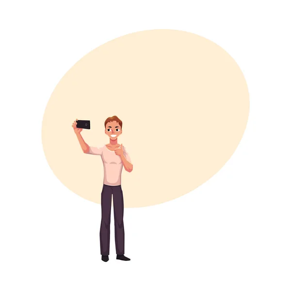 スマート フォン、携帯電話、示す親指を selfie を男します。 — ストックベクタ