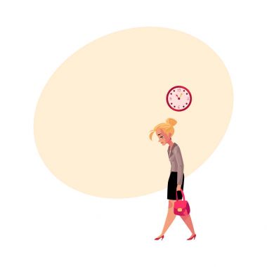 Young tired businesswoman, going home after work, clock showing time clipart