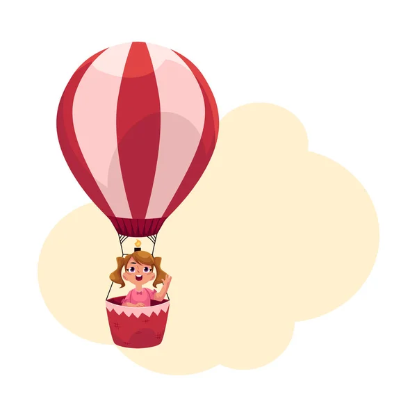 Liten flicka med ponytails flygande i luftballong, flygplan — Stock vektor