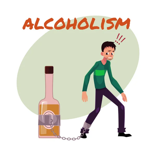 Hombre sin afeitar con la mano encadenada a la botella de licor. dependencia del alcohol — Archivo Imágenes Vectoriales