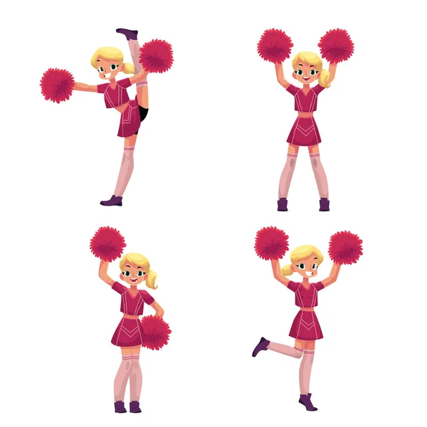 Ładny blond dziewczyna w cheerleader uniform z pomponami, ilustracja kreskówka — Wektor stockowy
